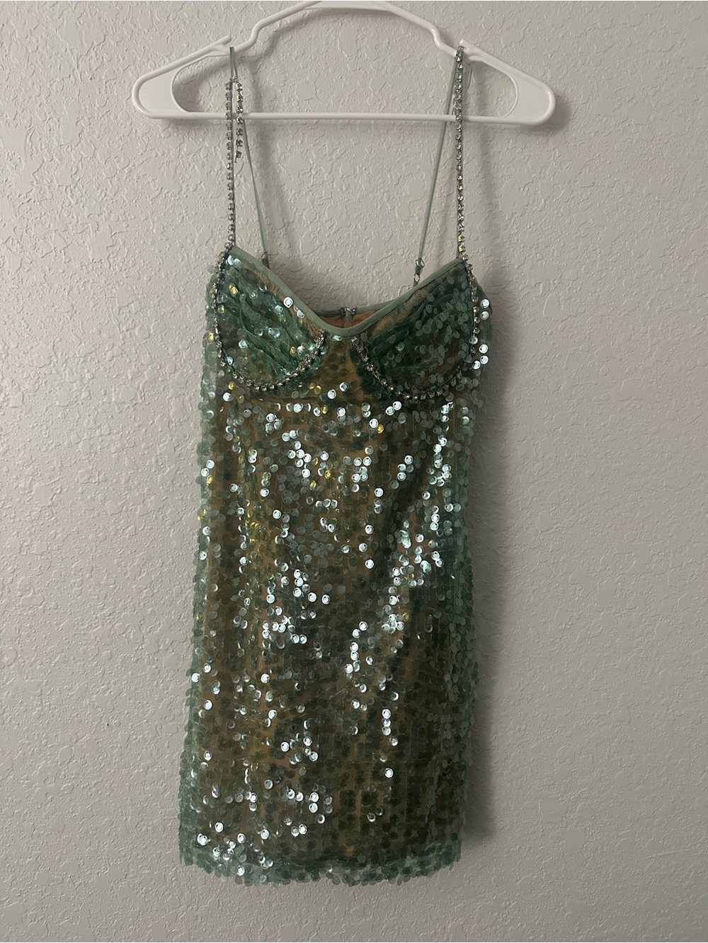 Fashion Nova Mint Green Sequin Mini Dress with Chain Straps